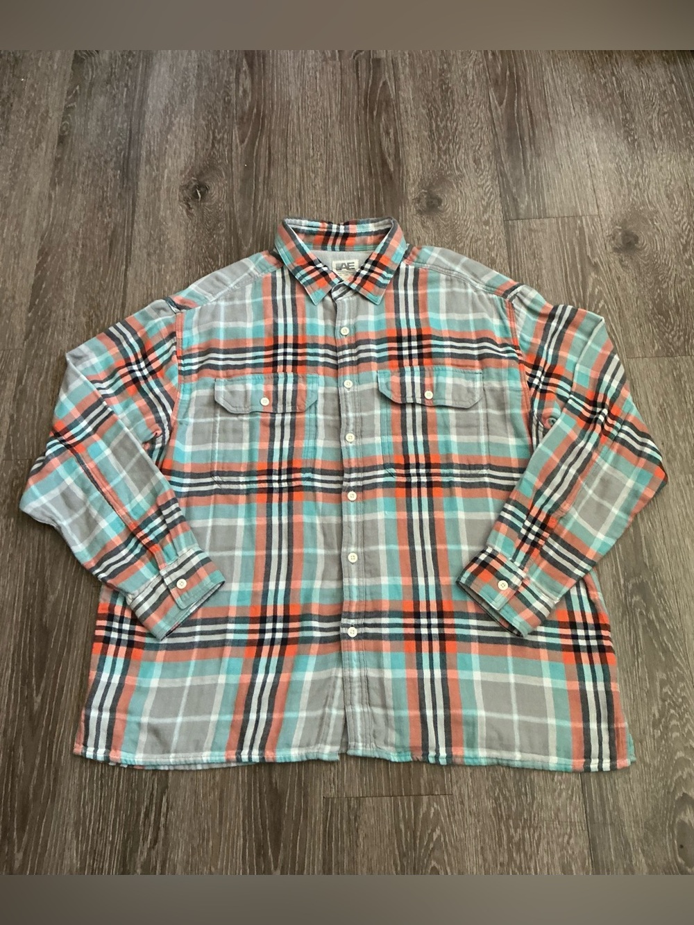 Plaid Flannel Shirt - Gray, Teal & orange